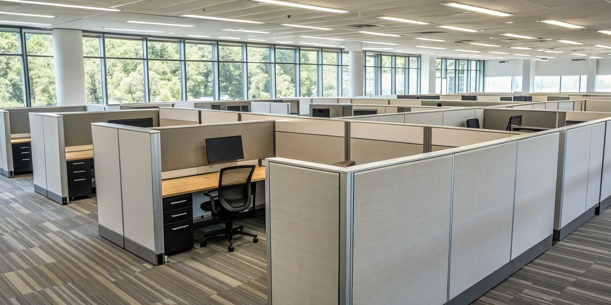 Rows of affordable office cubicles in a clean, modern workspace.