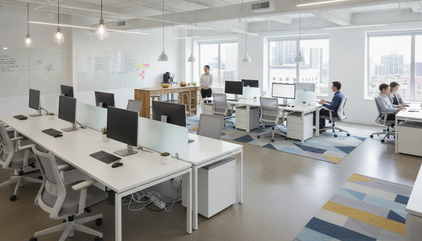 Modern startup office with desks and ergonomic chairs