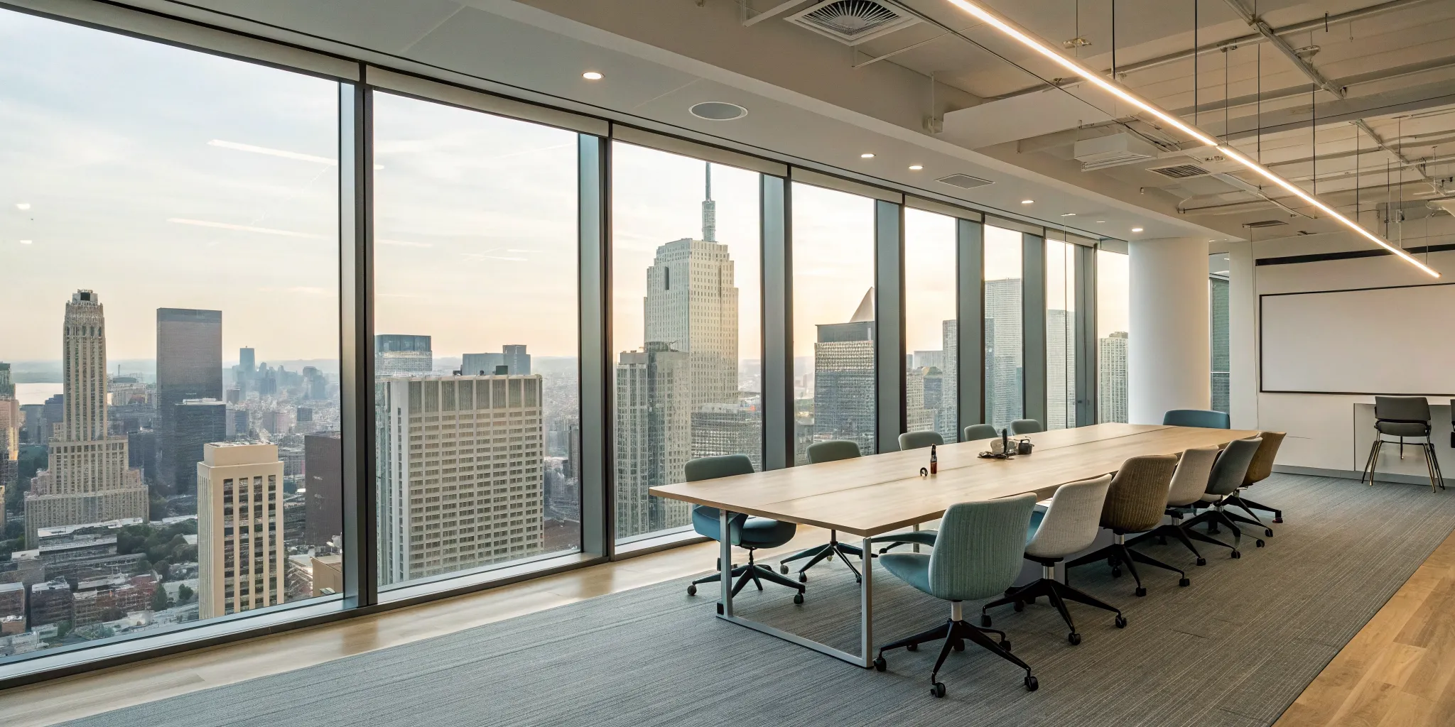A well-planned office layout with a modern conference room, ergonomic chairs, and a city view through large windows.