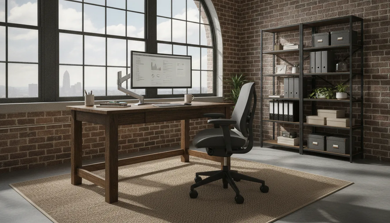Professional home office setup with pre-owned wooden desk, monitor, ergonomic task chair, and organized storage in a bright Cleveland loft