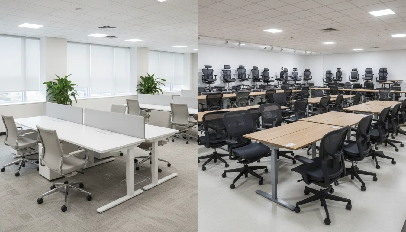 Split view of a modern office with new and pre-owned furniture in a Cleveland showroom