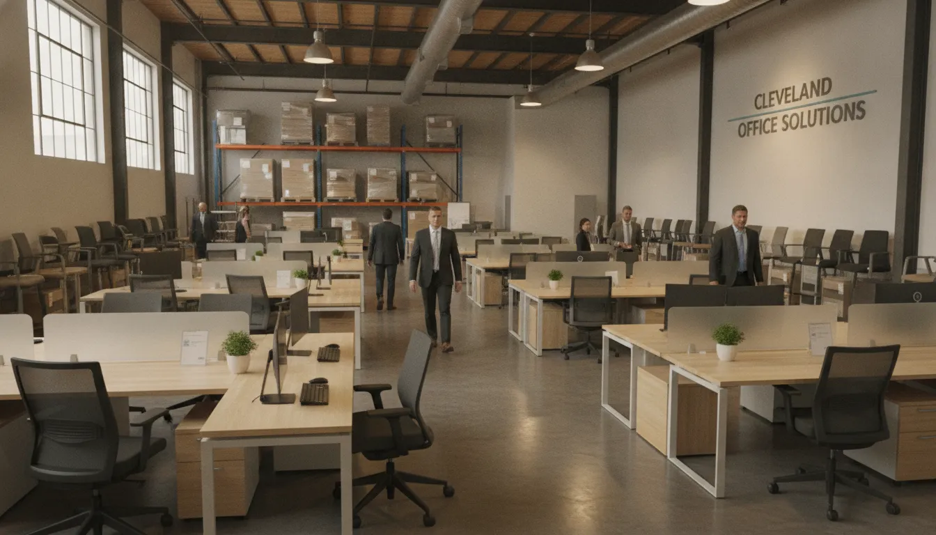 Cleveland office furniture showroom and warehouse with new and pre-owned desks, chairs, and workspace setups