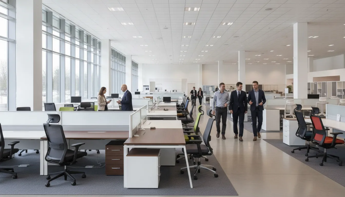 Spacious modern office furniture showroom with desks and ergonomic chairs arranged in a professional commercial setting