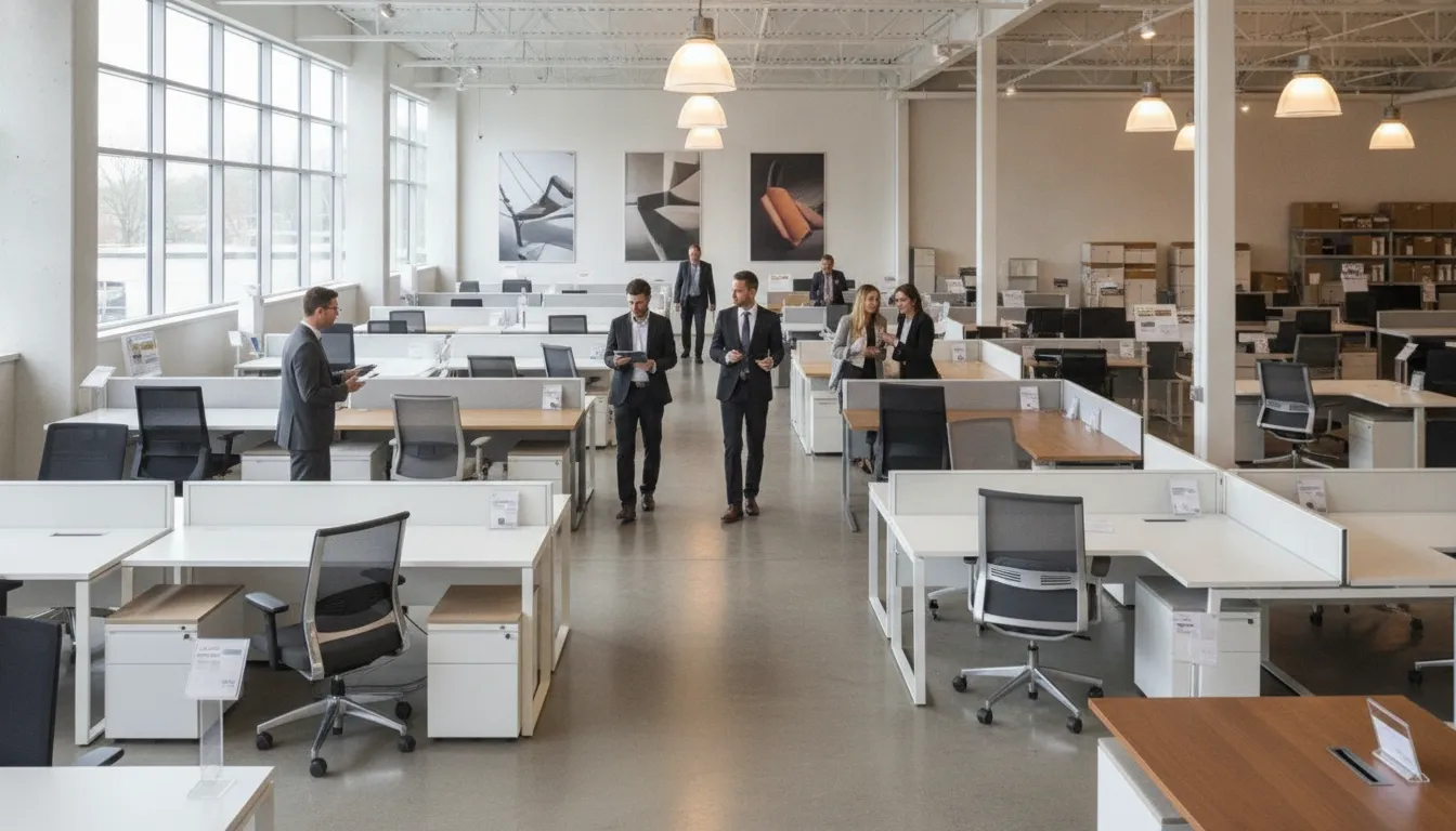 Spacious office furniture showroom with desks, chairs, and cubicles arranged in neat rows