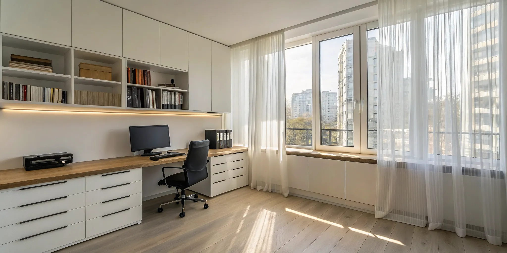 Small office layout design with an ergonomic chair and smart storage to maximize space and natural light.
