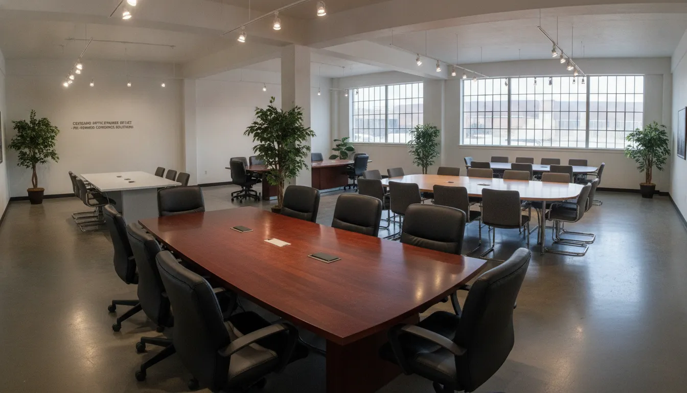 Used conference tables in a Cleveland showroom showing various sizes and styles for meeting rooms