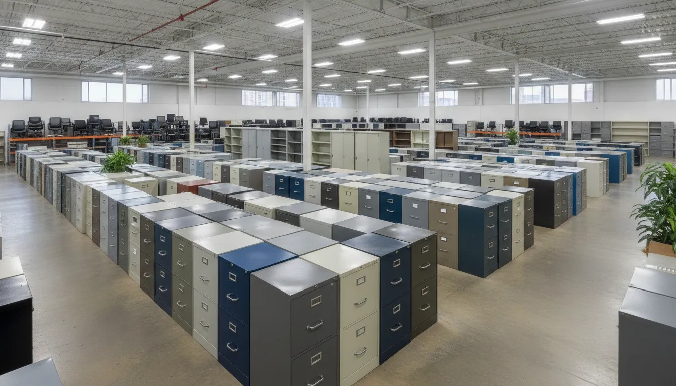Warehouse showroom with rows of used filing cabinets and office storage solutions