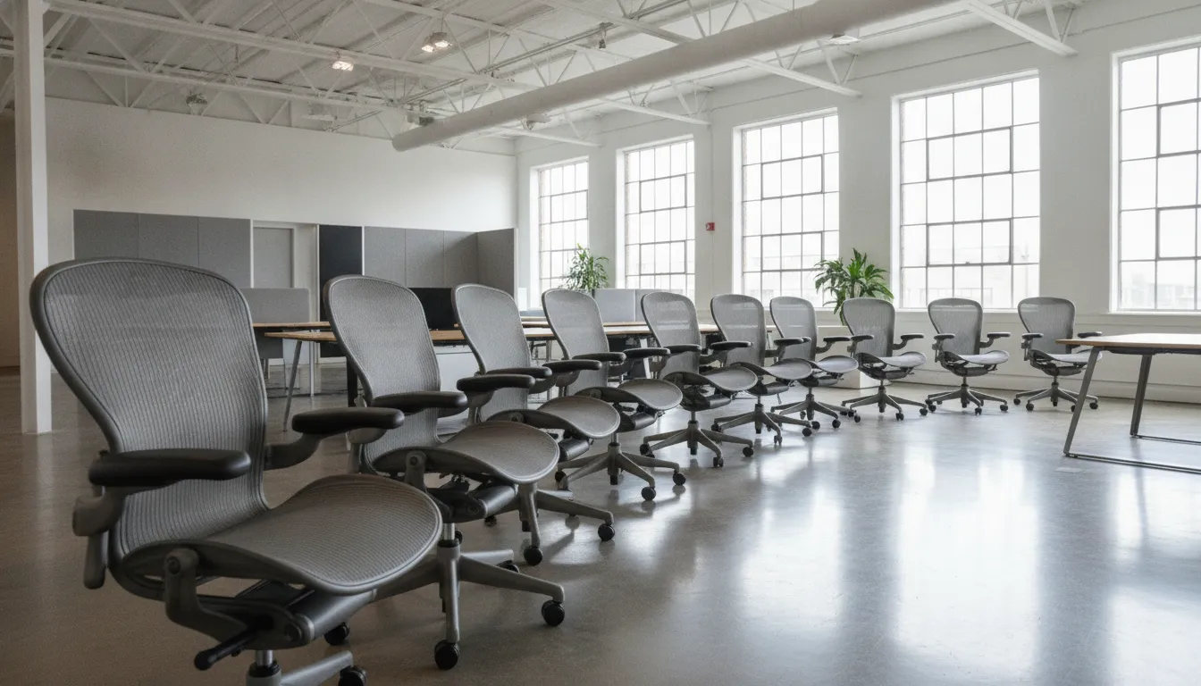 Professional office showroom with premium Herman Miller Aeron chairs in a clean, well-lit commercial space