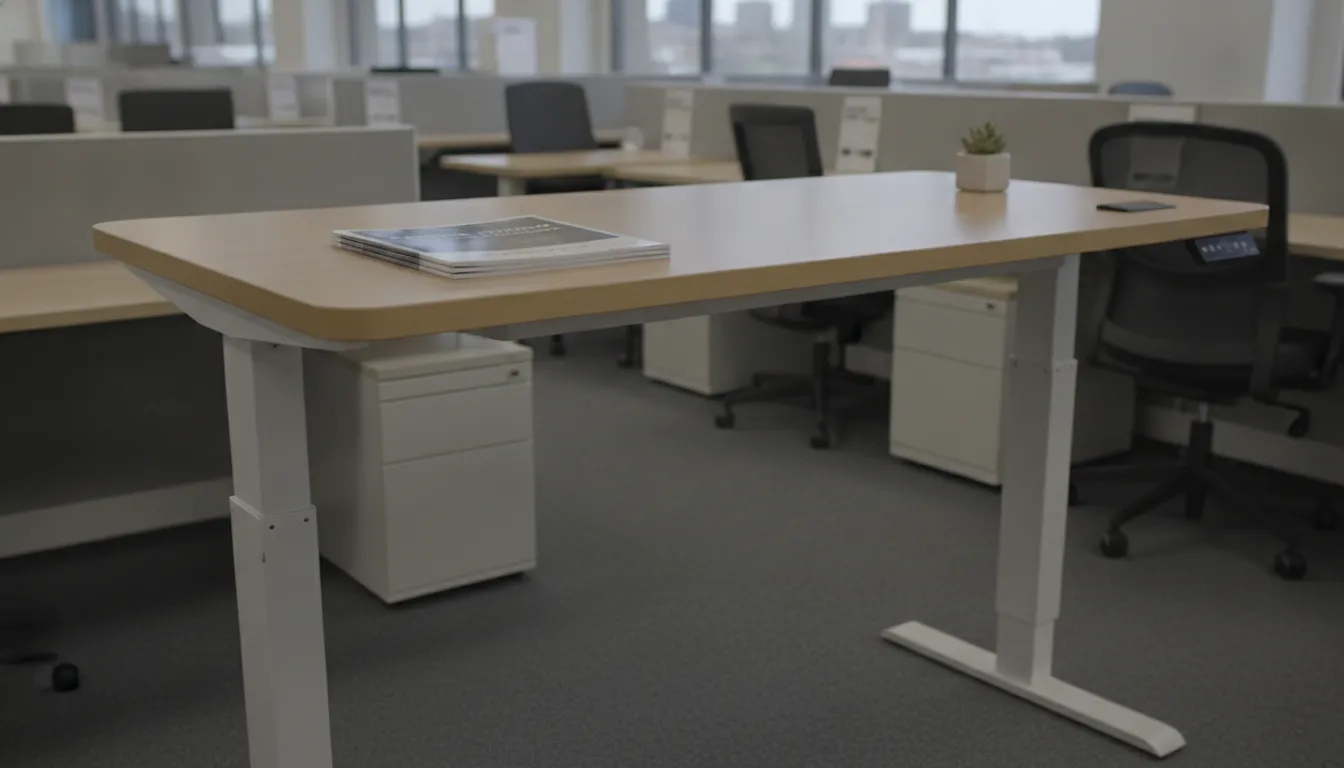 Pre-owned electric standing desk in a Cleveland office furniture showroom