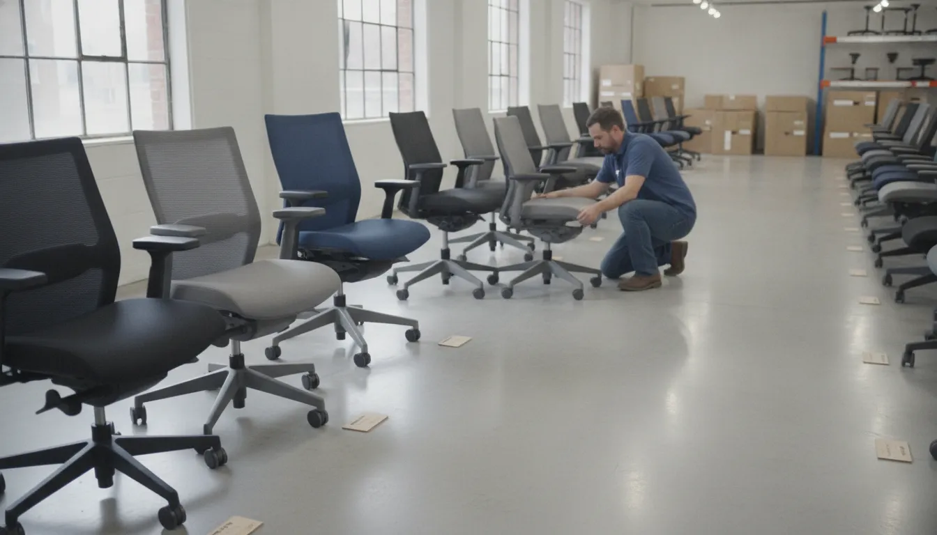 Showroom display of premium used Steelcase ergonomic task chairs including Leap, Gesture, and Think models
