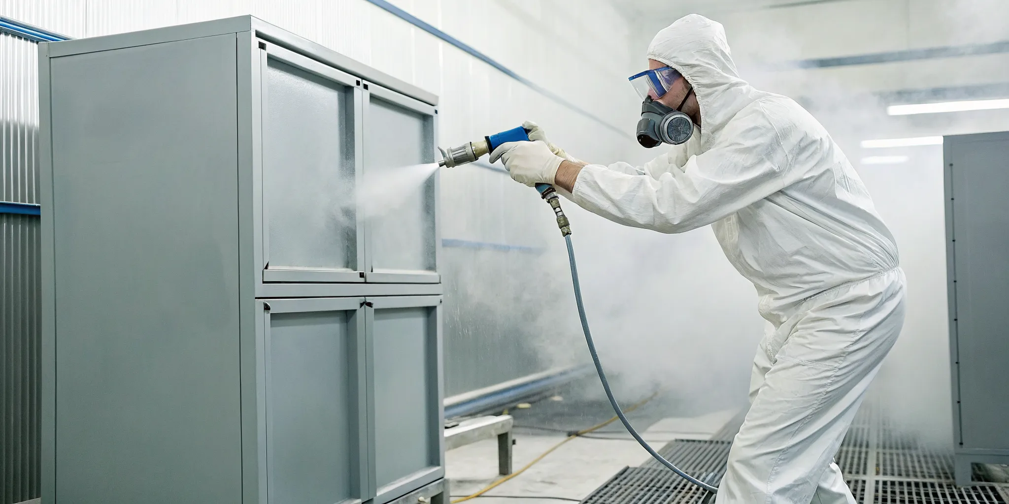 Technician electrostatic refinishing a metal cabinet while wearing a protective suit.