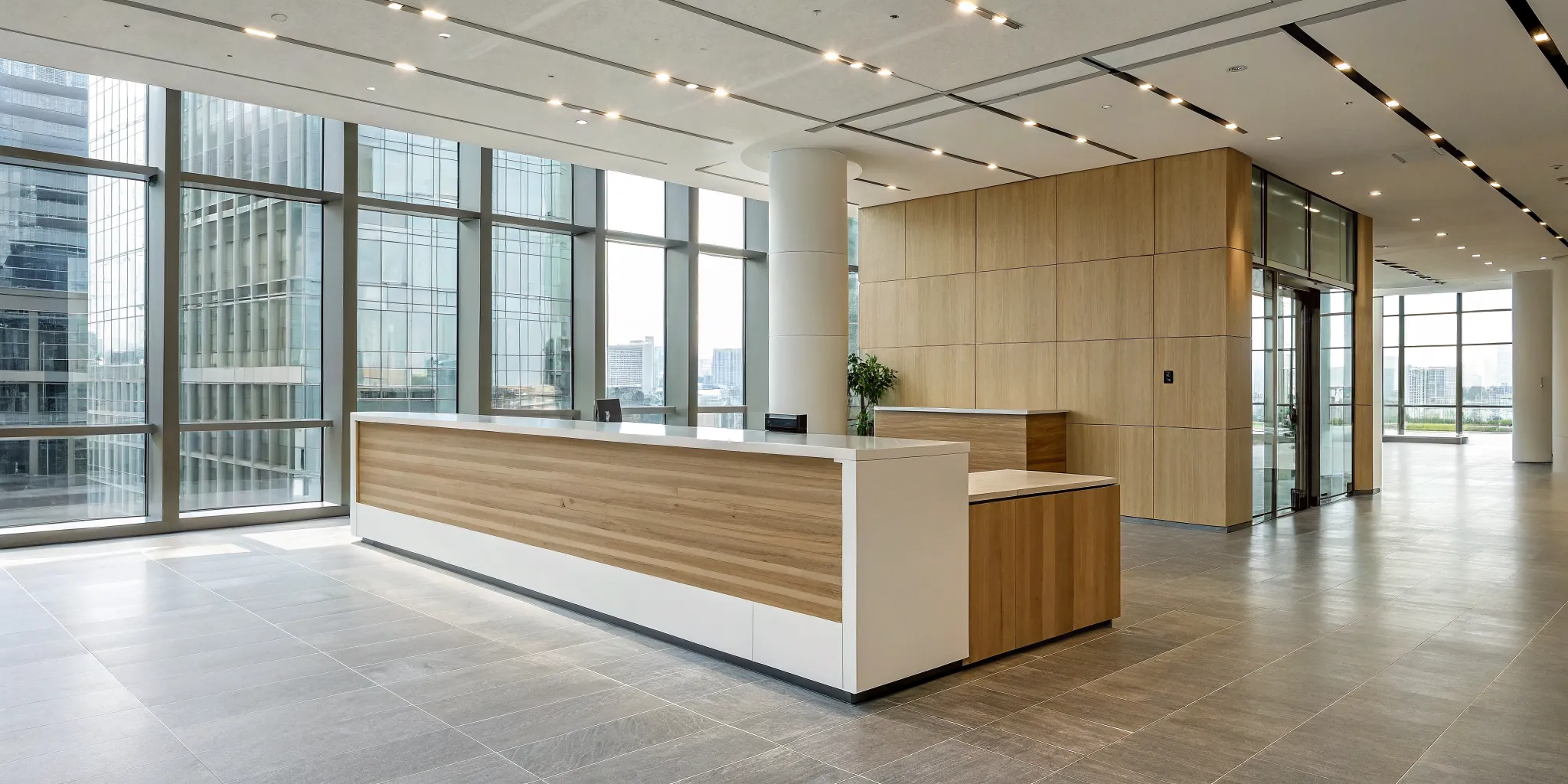 What to look for in a used reception desk, like this modern wood-accented one in an office lobby.