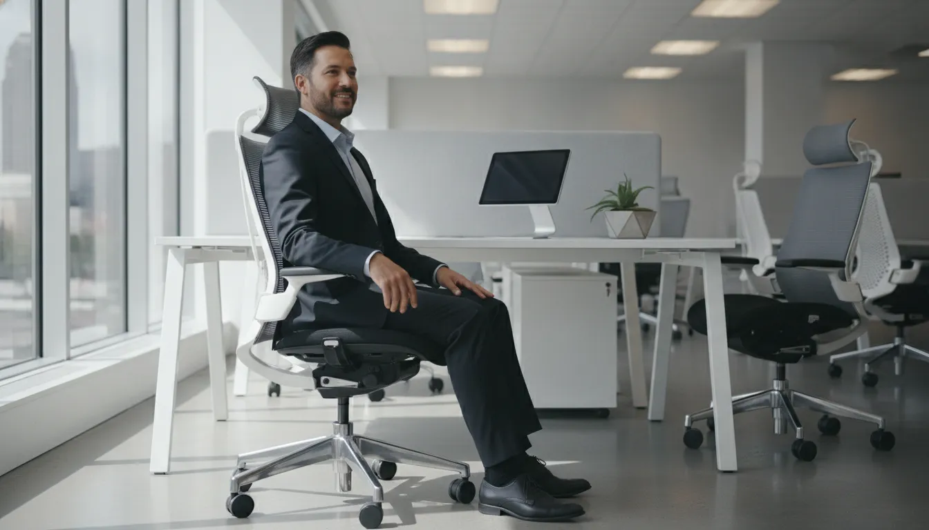 A professional testing an ergonomic task chair in a clean office showroom