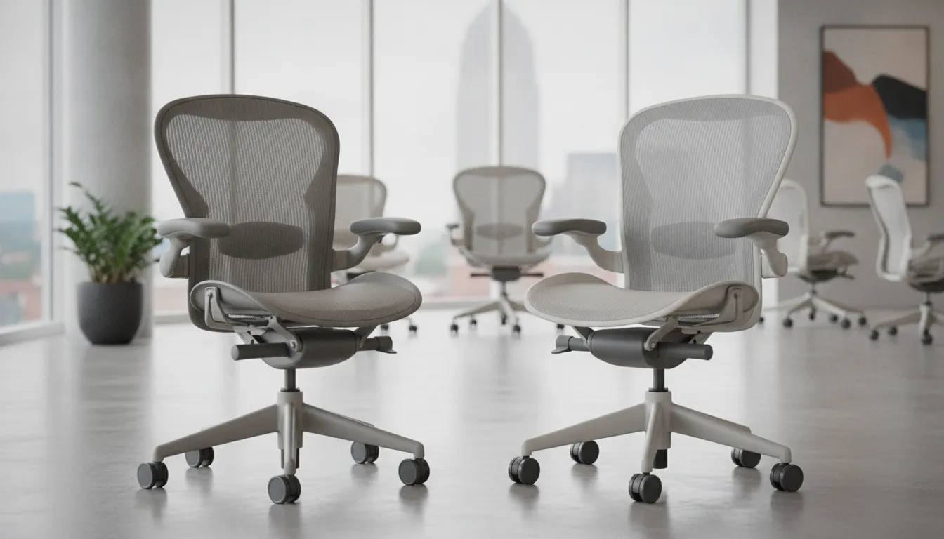 Two Herman Miller ergonomic office chairs displayed side by side in a showroom setting