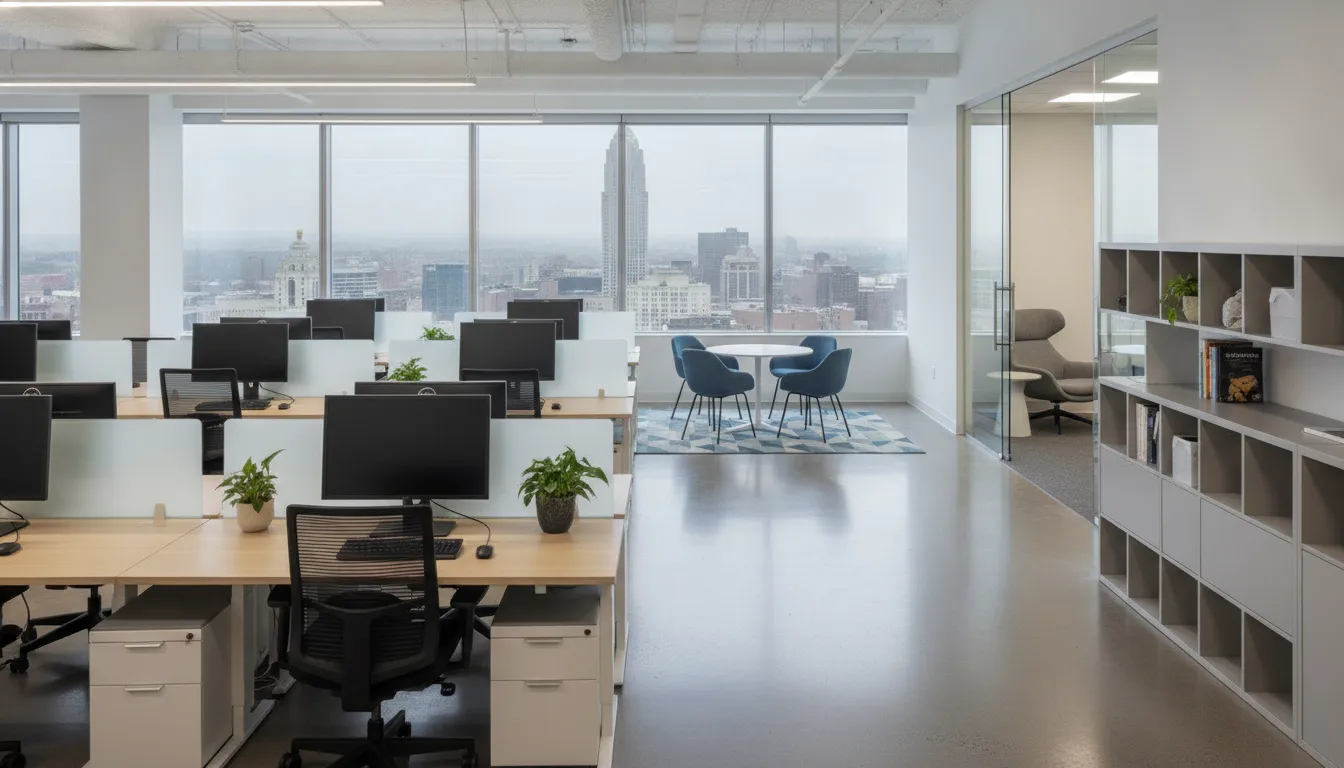 Modern office layout with workstations, collaboration space, and clear walkways