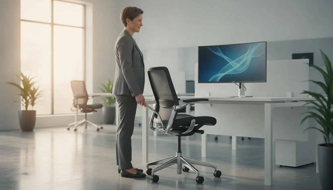 Person adjusting the seat height of an ergonomic office chair at a modern desk workstation