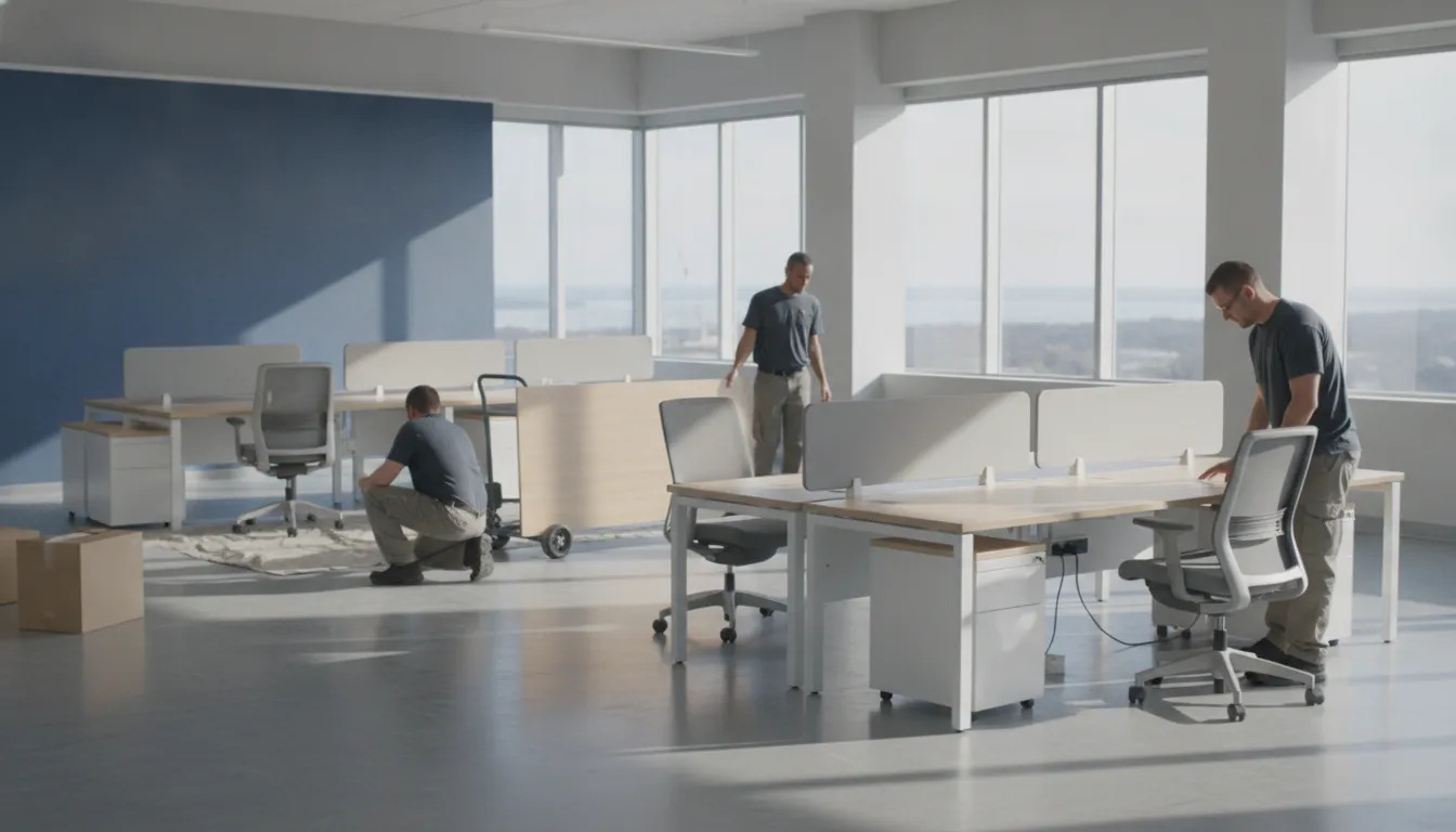 Office furniture installers positioning desks in a modern office