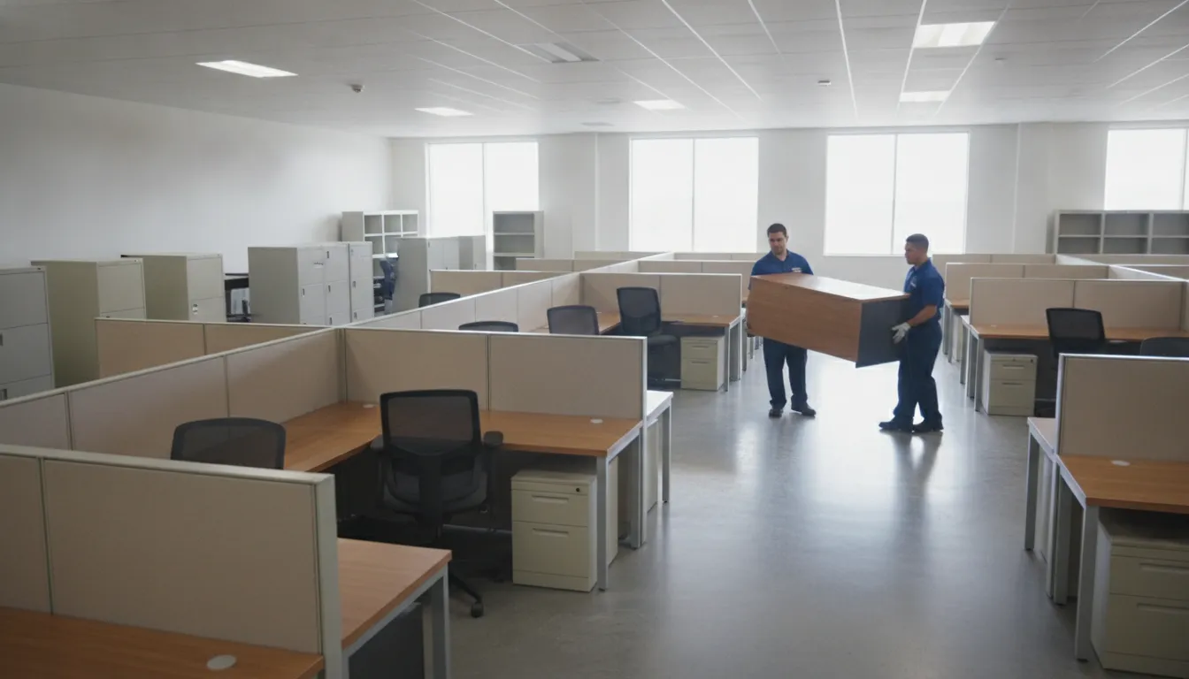 Office furniture liquidation Cleveland Ohio project with desks and chairs in a clean commercial warehouse