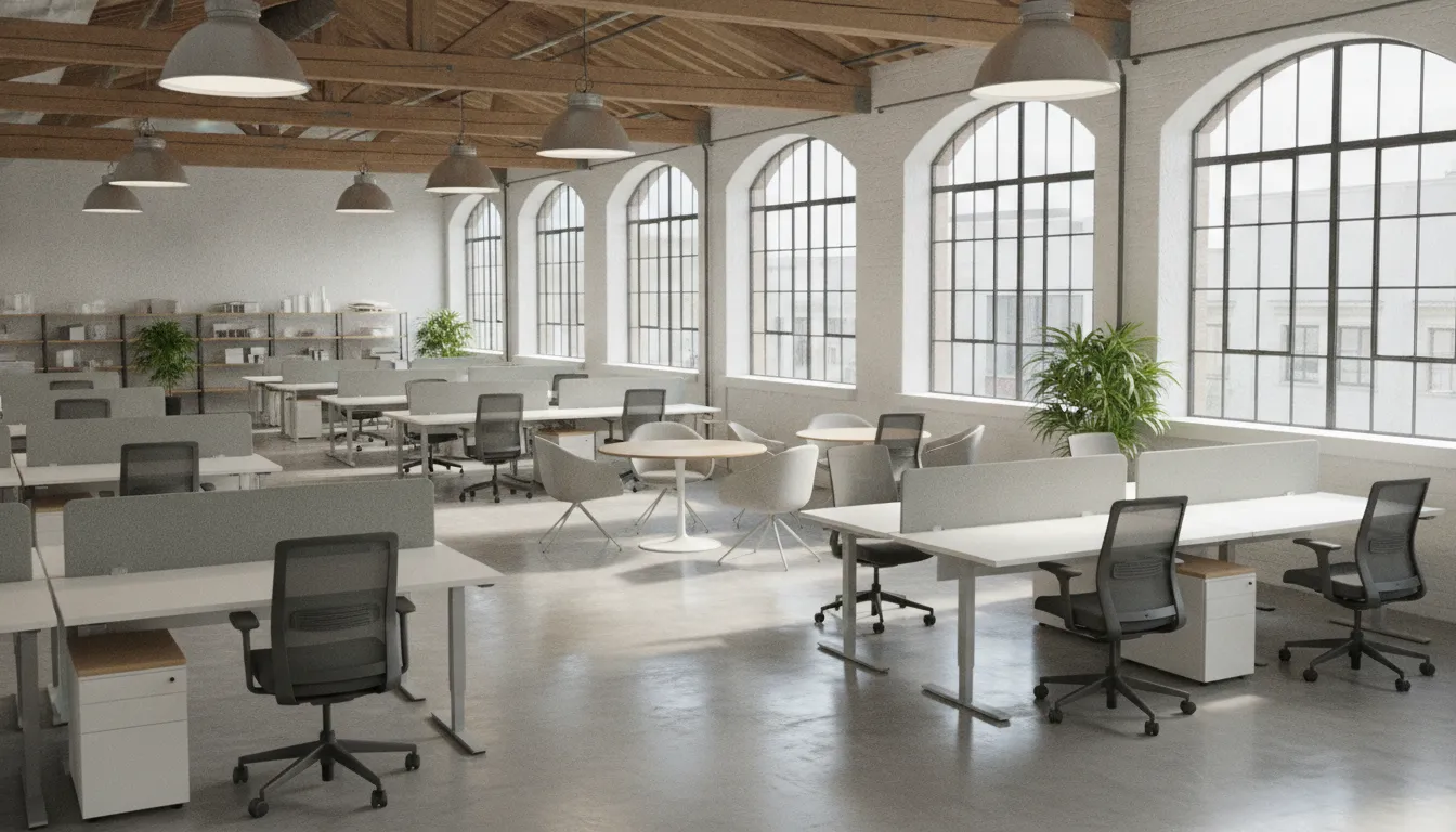 Spacious commercial office furniture showroom with rows of desks and ergonomic chairs at the Payne Avenue Cleveland warehouse