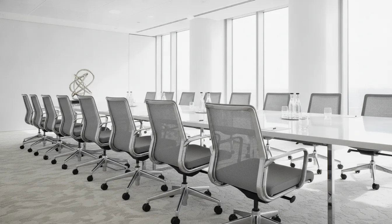 Professional conference room with ergonomic office chairs around a meeting table