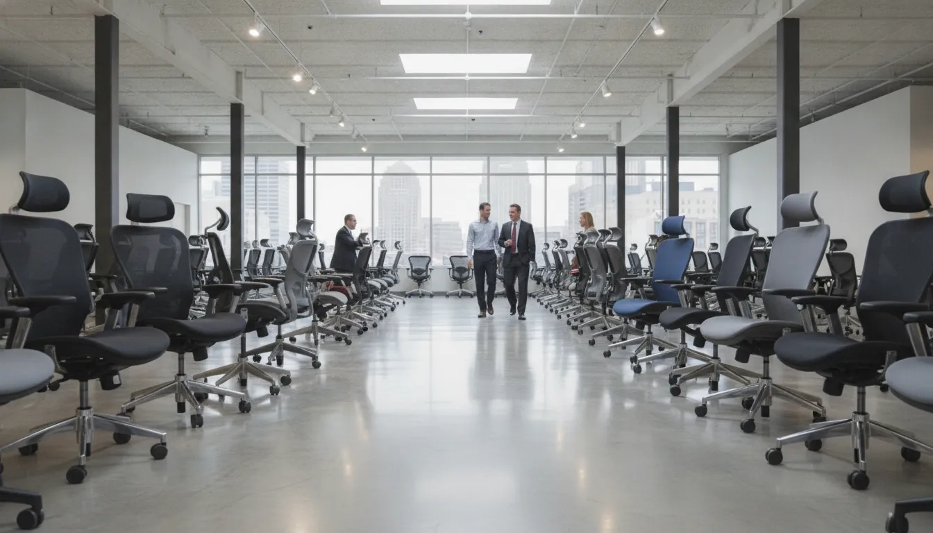 Showroom rows of pre-owned ergonomic office chairs in a Cleveland warehouse