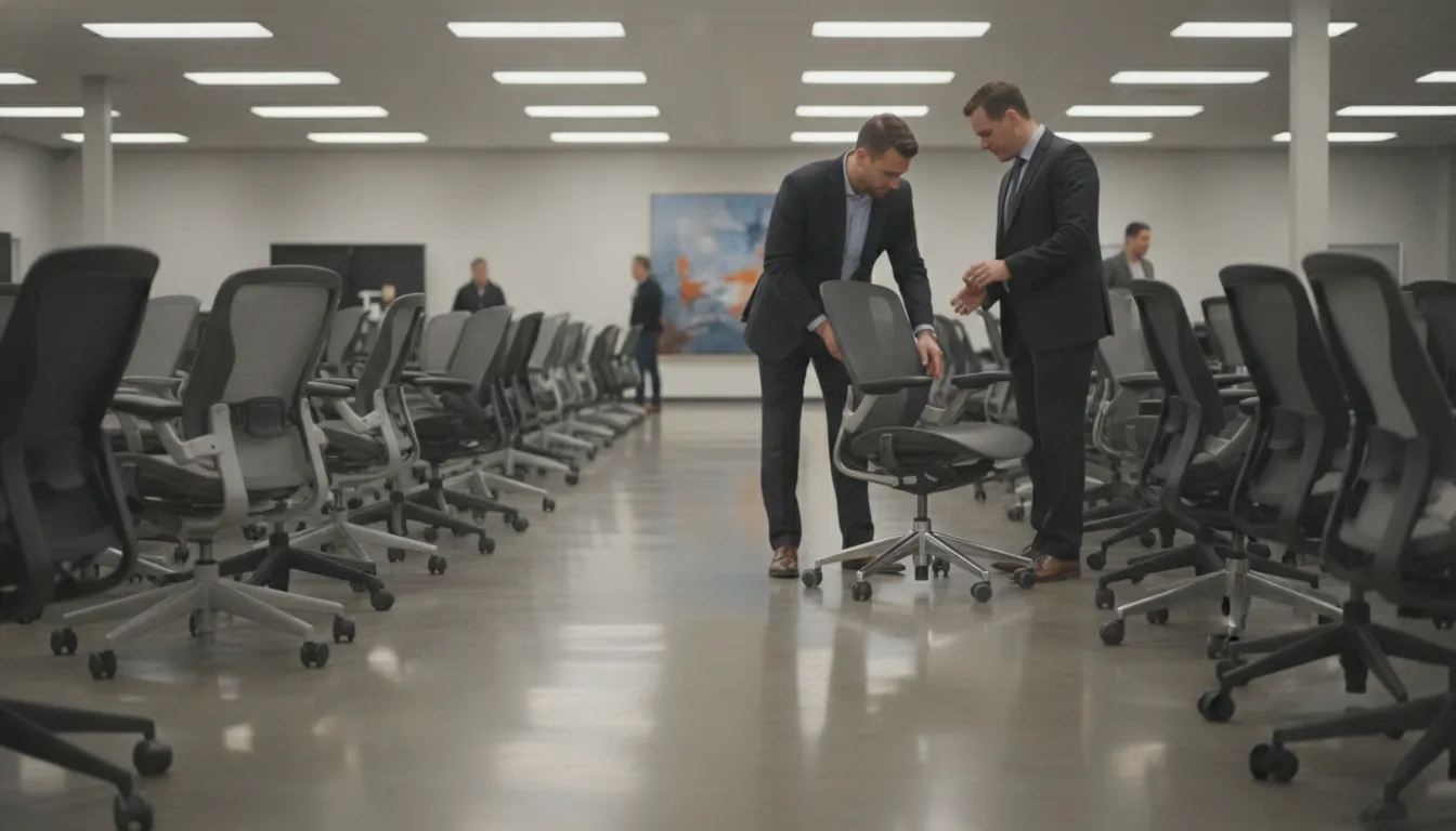 Buyer inspecting a pre-owned ergonomic Haworth office chair at a Cleveland showroom