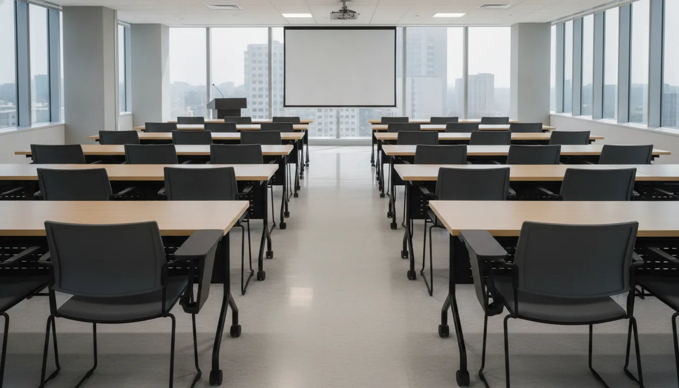 Row of pre-owned stacking training chairs set up in a bright corporate training room
