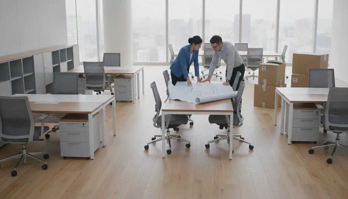 Corporate office relocation furniture checklist with desks and chairs