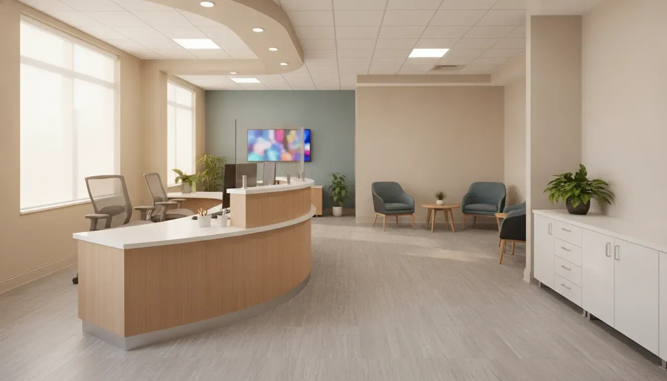 Healthcare office furniture in a clean Cleveland medical office reception area