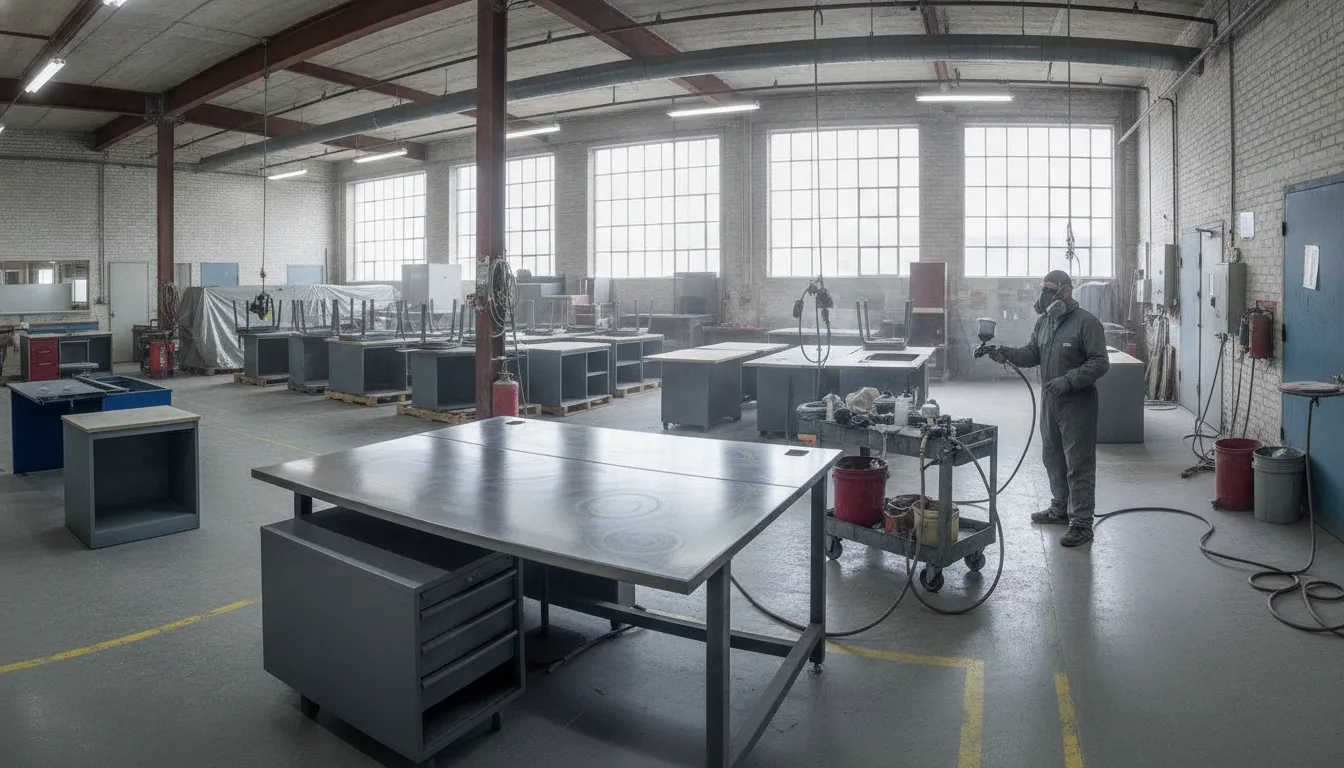 Metal office desk prepared for electrostatic refinishing in a professional workshop