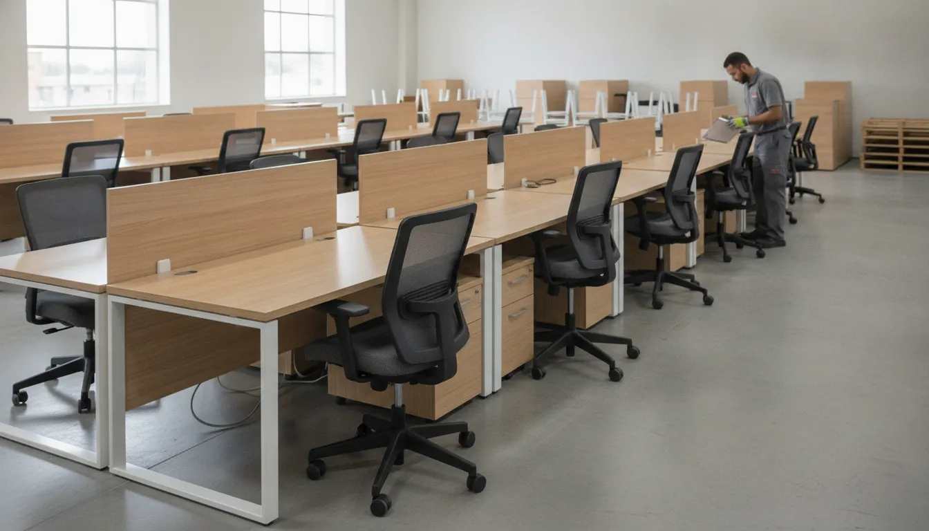 Office furniture being evaluated in a Cleveland warehouse showroom