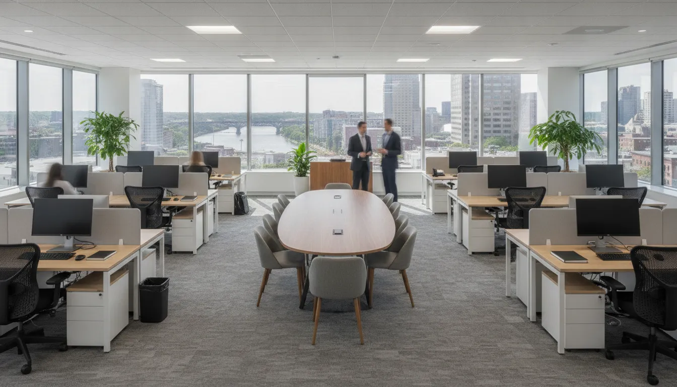 Modern office with organized desks, seating, and clear walking paths