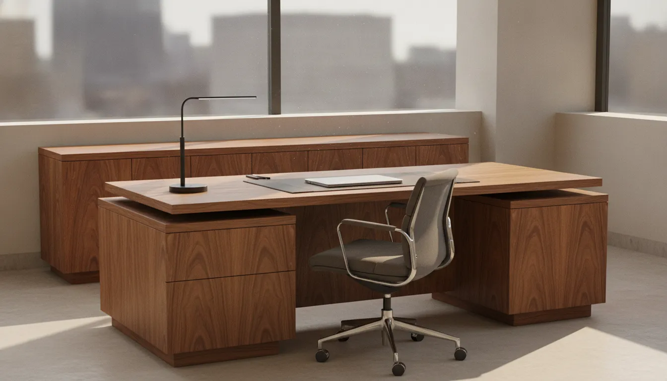 Refinished wood office furniture in a Cleveland showroom