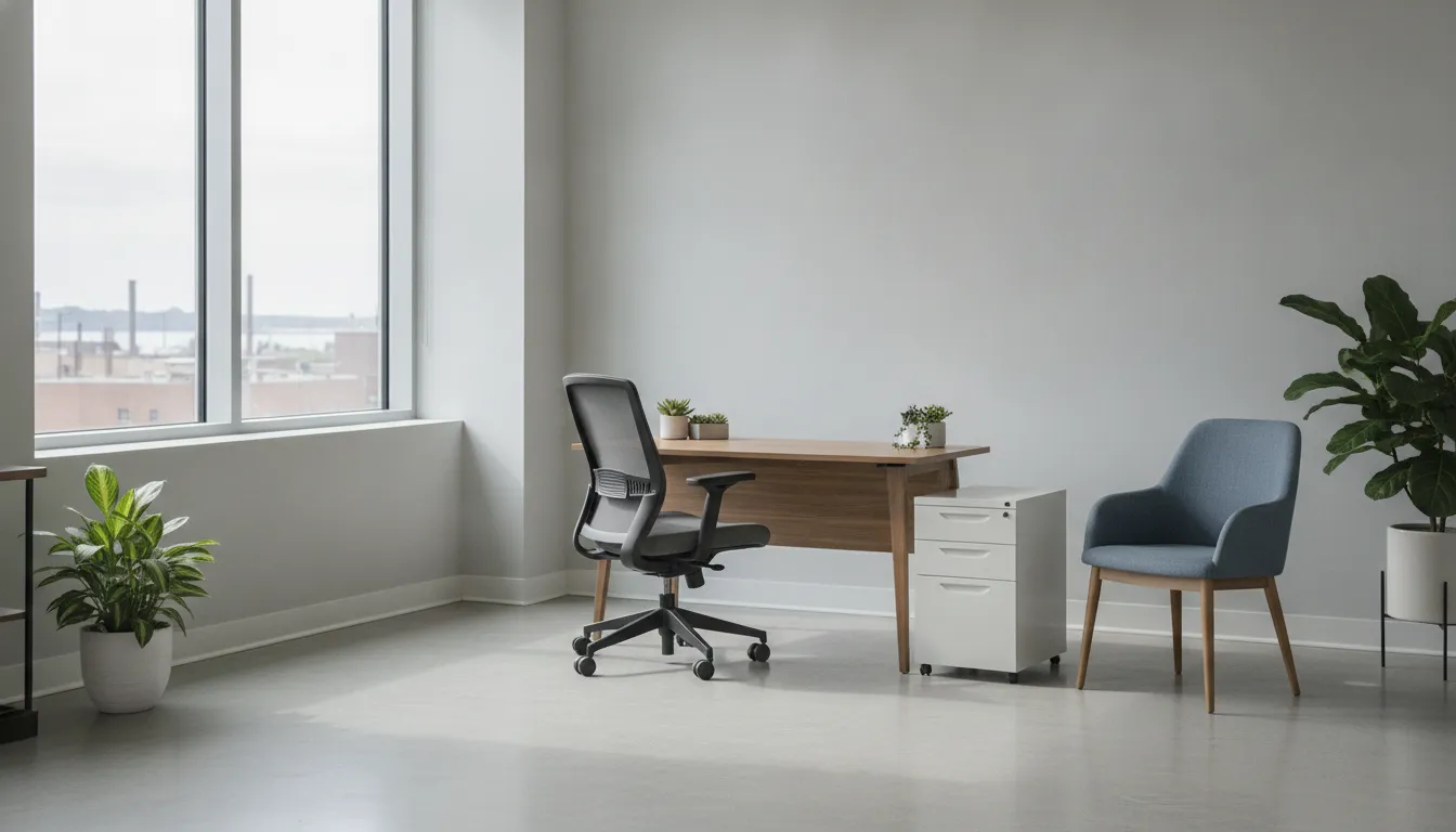Budget-conscious office furniture setup in a professional Cleveland showroom