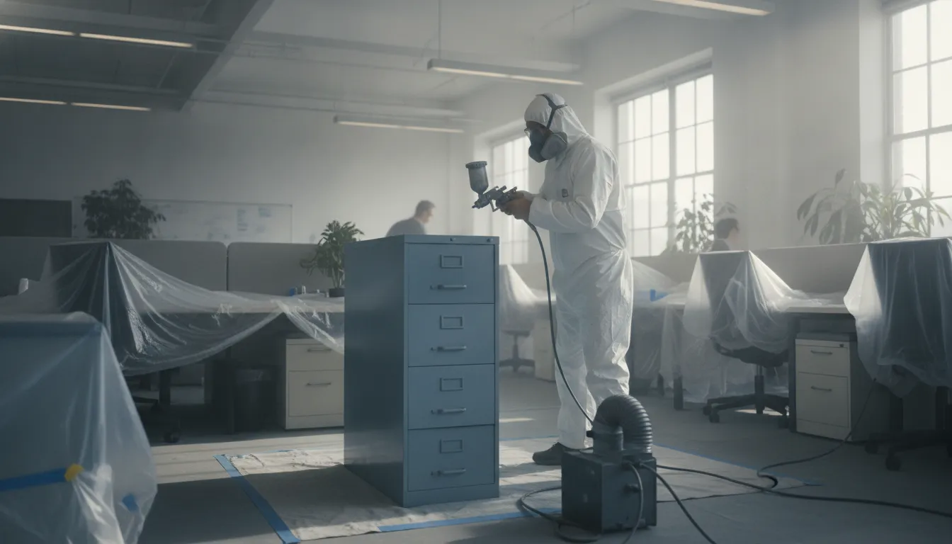 Electrostatic painting work on metal office furniture in a professional office