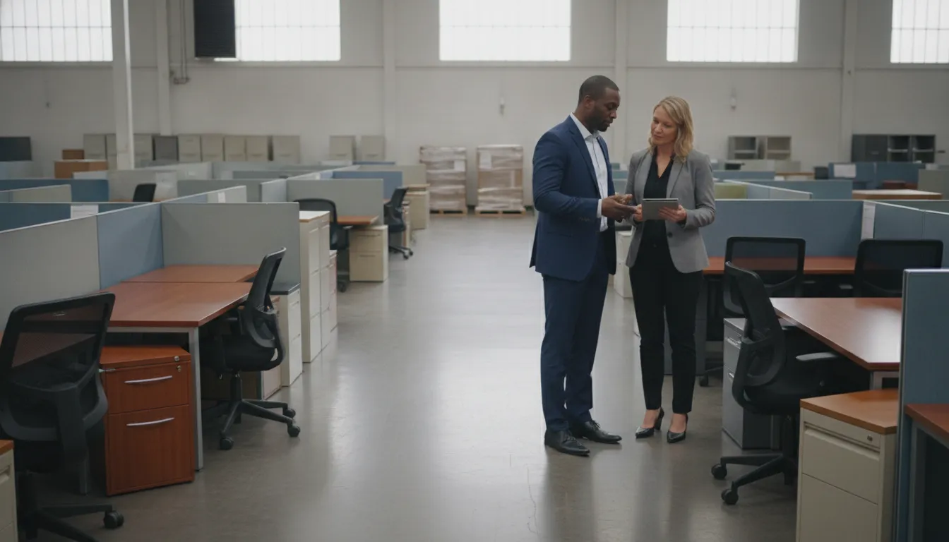 Used office furniture prepared for resale in a Cleveland warehouse