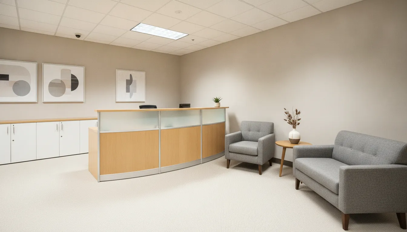 Pre-owned reception desk and guest seating in a professional office
