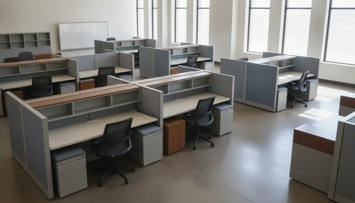 Used cubicle workstations arranged in a bright office furniture showroom