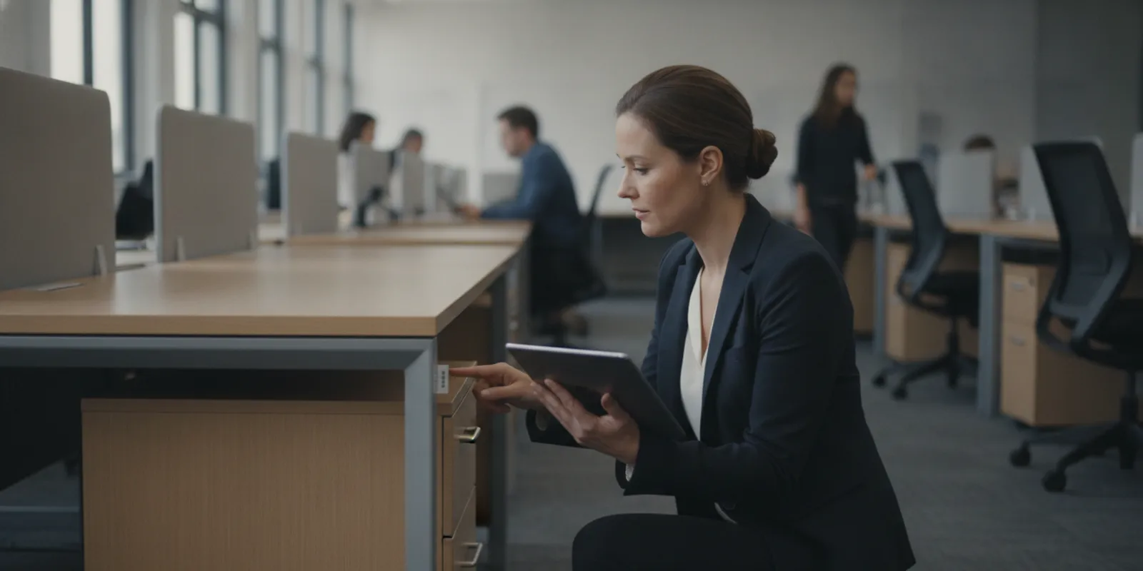 Office manager reviewing a labeled furniture inventory in a bright, organized workplace