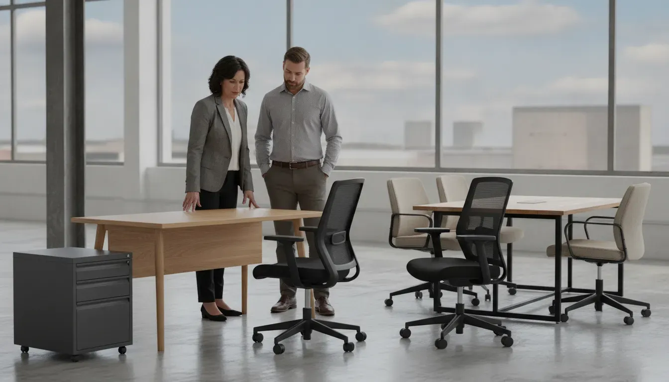 Akron business owners evaluating temporary office furniture in a bright workspace