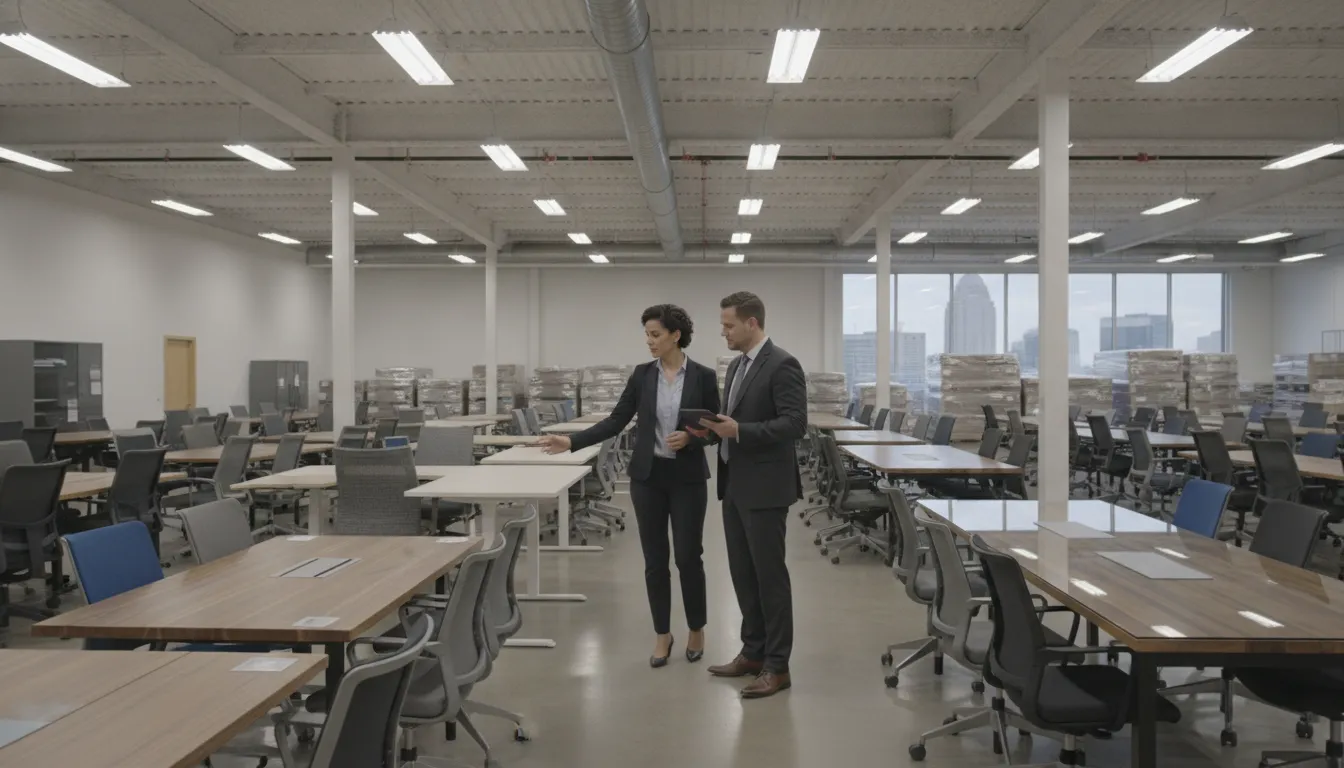 Office furniture Cleveland Ohio buyers comparing desks and chairs in a showroom