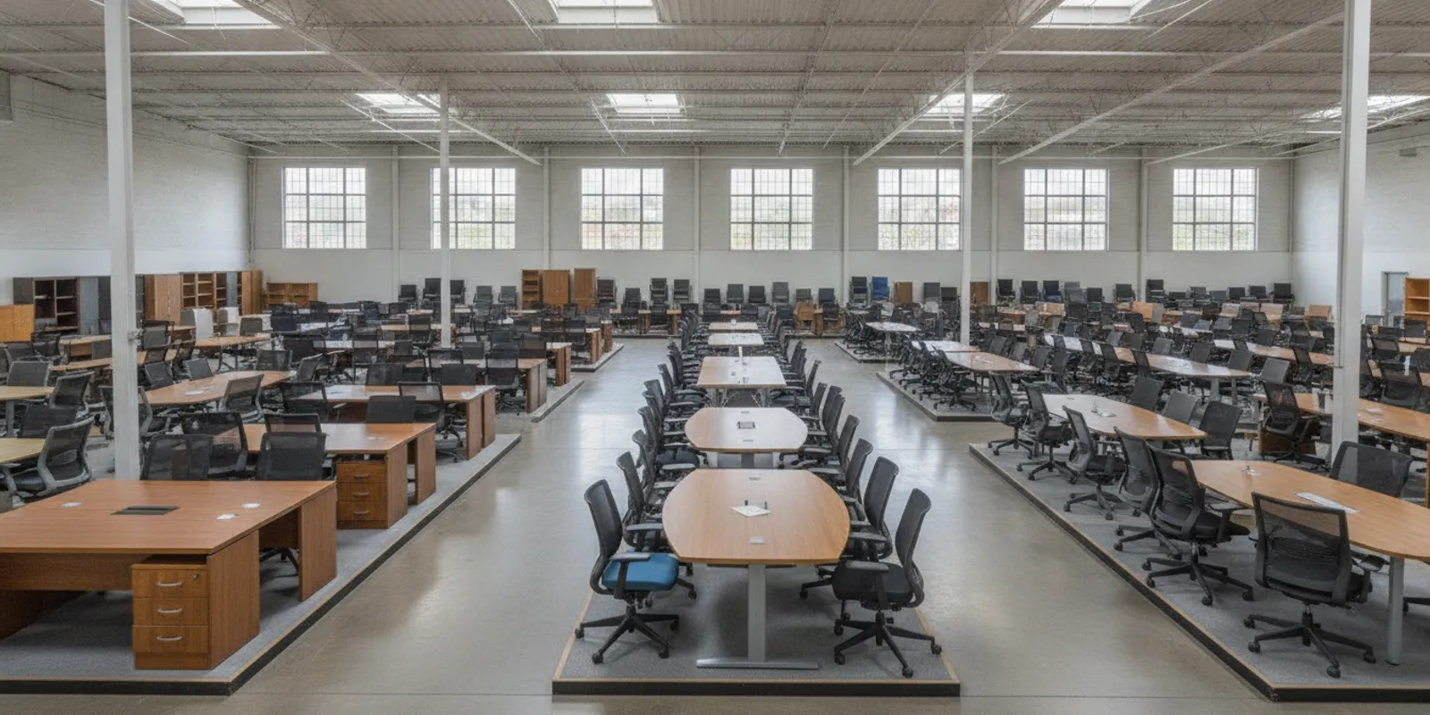 Rows of pre-owned office desks and chairs arranged in a Cleveland-area warehouse showroom