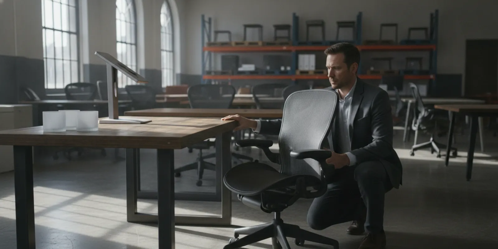 Pre-owned Herman Miller Aeron chairs arranged for inspection in a Cleveland office furniture showroom