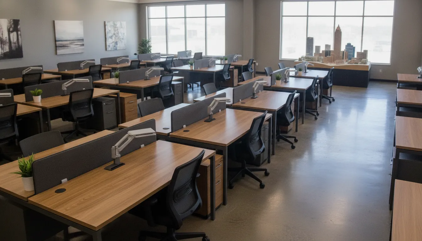 Pre-owned office desks arranged in a clean Cleveland showroom