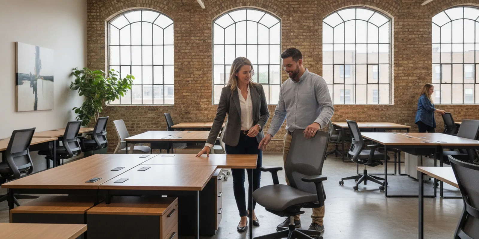 Office buyer inspecting pre-owned desks and chairs in a local furniture showroom